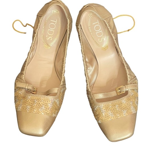 TOD'S Gold and Sequin Square toe flats size 8 - Picture 7 of 15